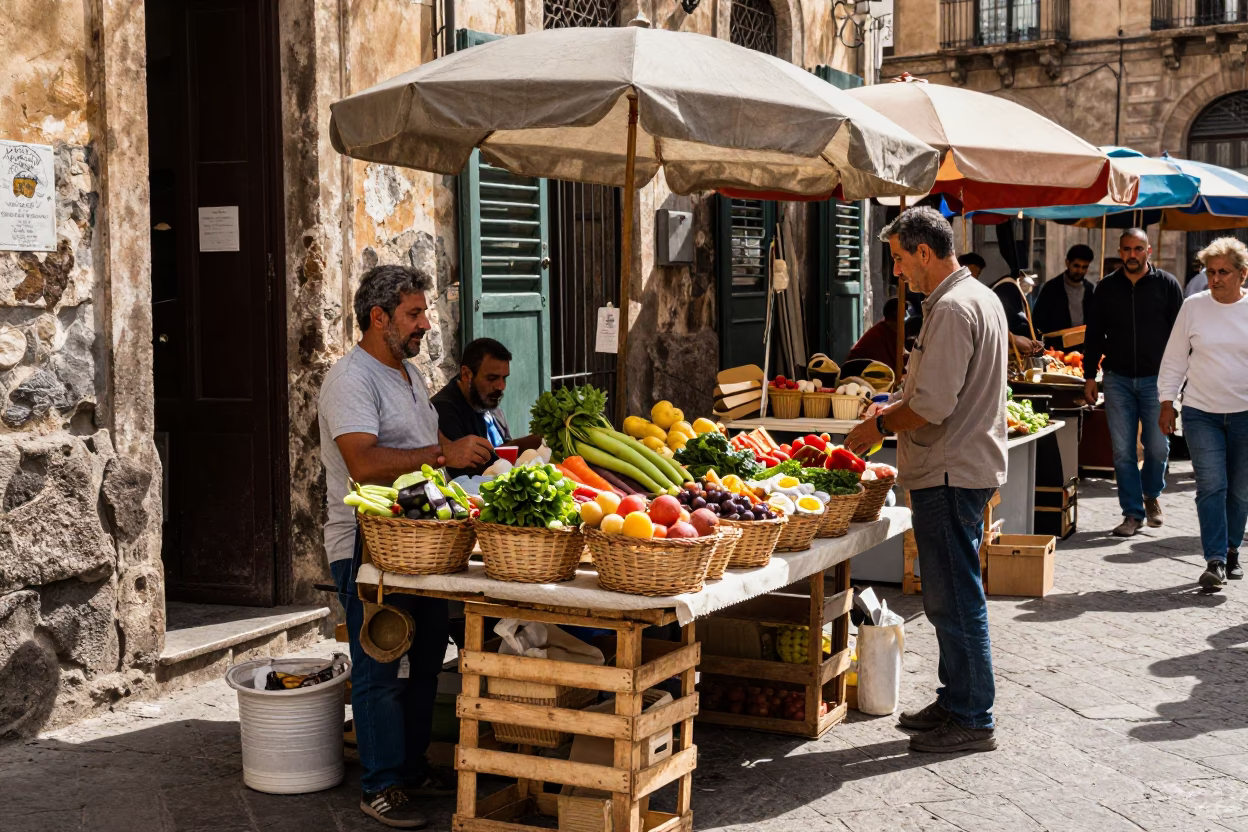 Busy Palermo Italy Street Market Stall Late Morning 1960s Aesthetic with Woven Baskets in in Palermo, Italy