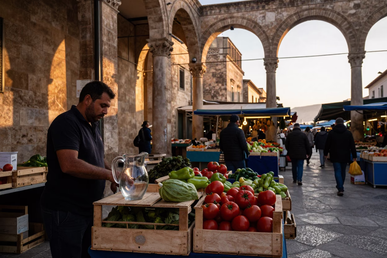 Busy Palermo Market Stall at Dawn with Glass Pitcher and Hand Broom in in Palermo, Italy