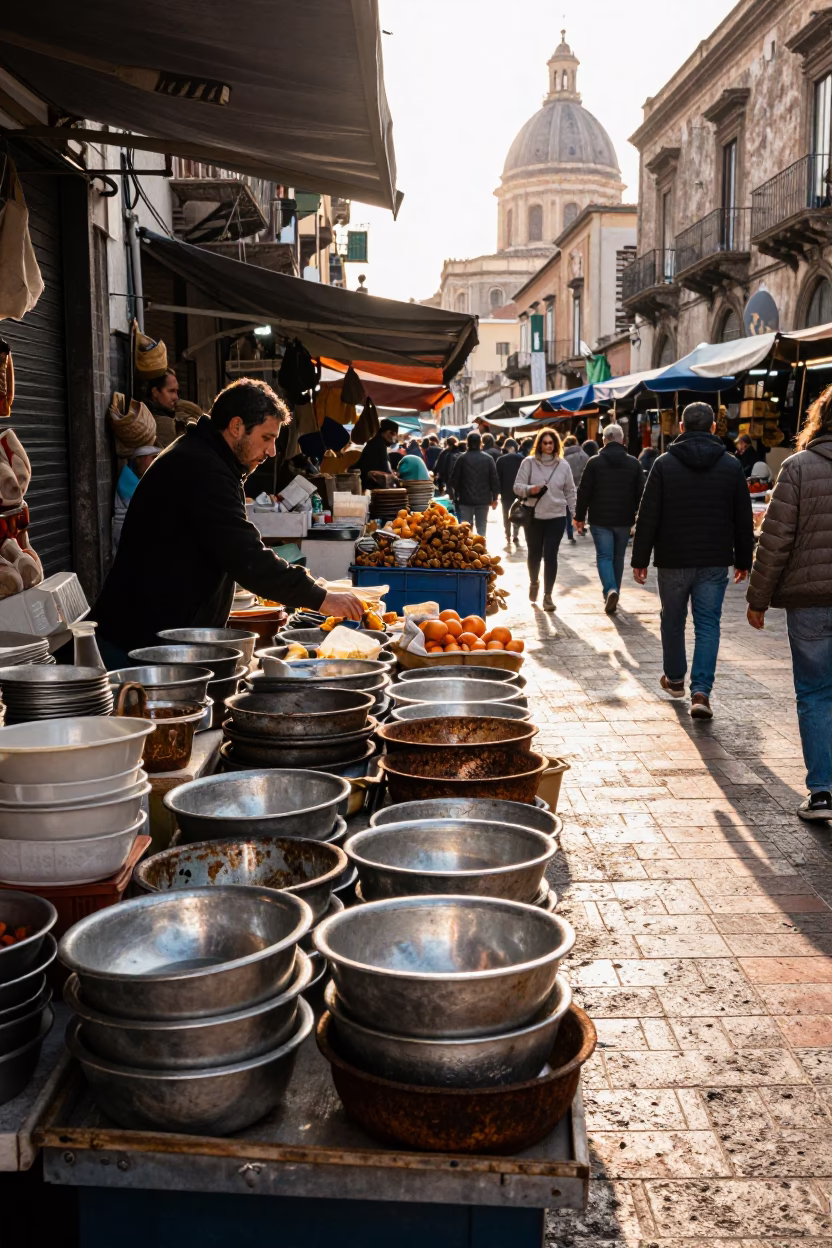 Busy Palermo Market Stall with Rusty Metal Bowls and Brush Rolls at Sunrise in in Palermo, Italy