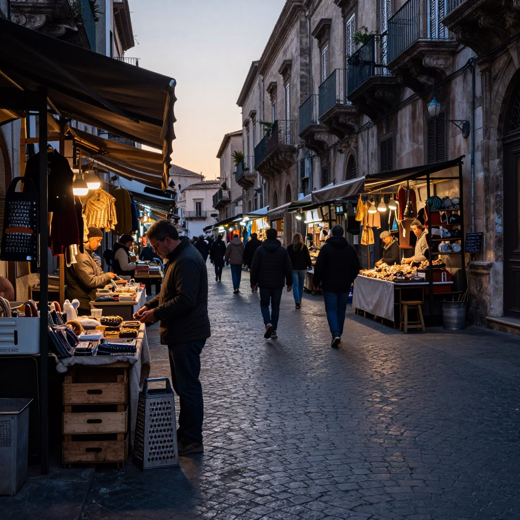 Busy Palermo Market Street at Dawn with Grater and Vintage Car in in Palermo, Italy