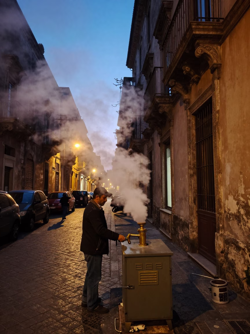 Busy Palermo Street at Dawn with Steam Pipes and Local Morning Life in in Palermo, Italy