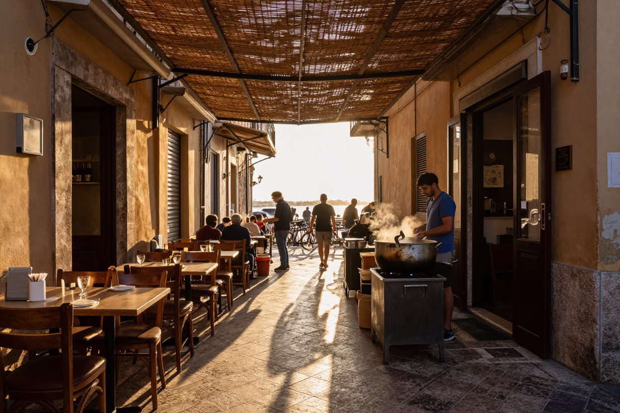 Busy Palermo Street Cafe at Sunset with Biscuit Tin and Cooking Pot in in Palermo, Italy
