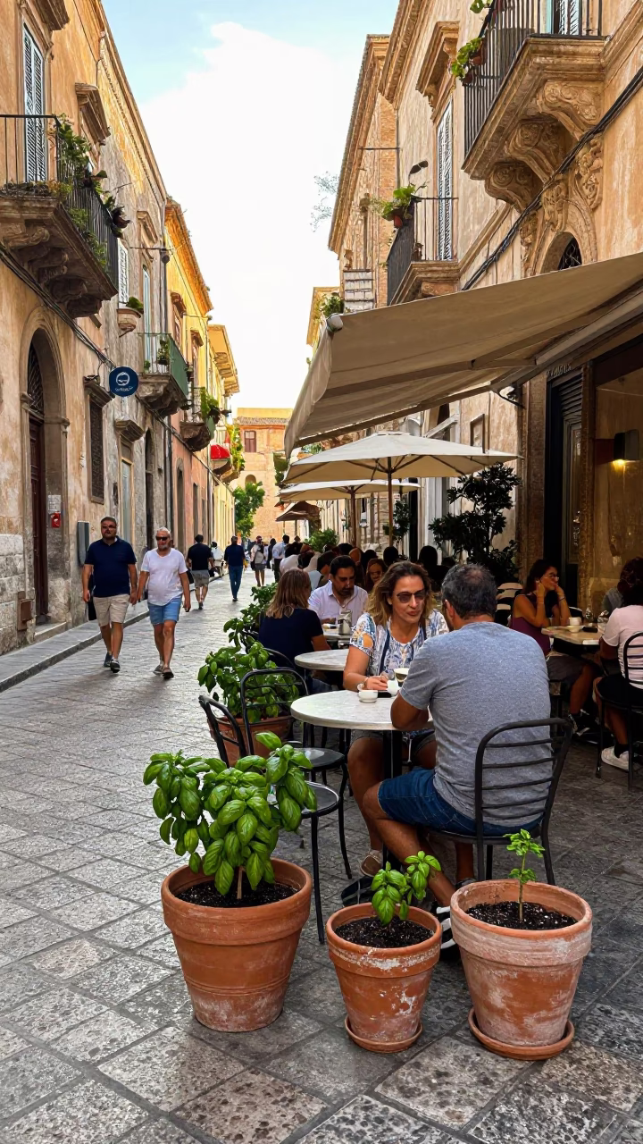 Busy Palermo Street Cafe Terrace with Terracotta Pots and Morning Light in in Palermo, Italy