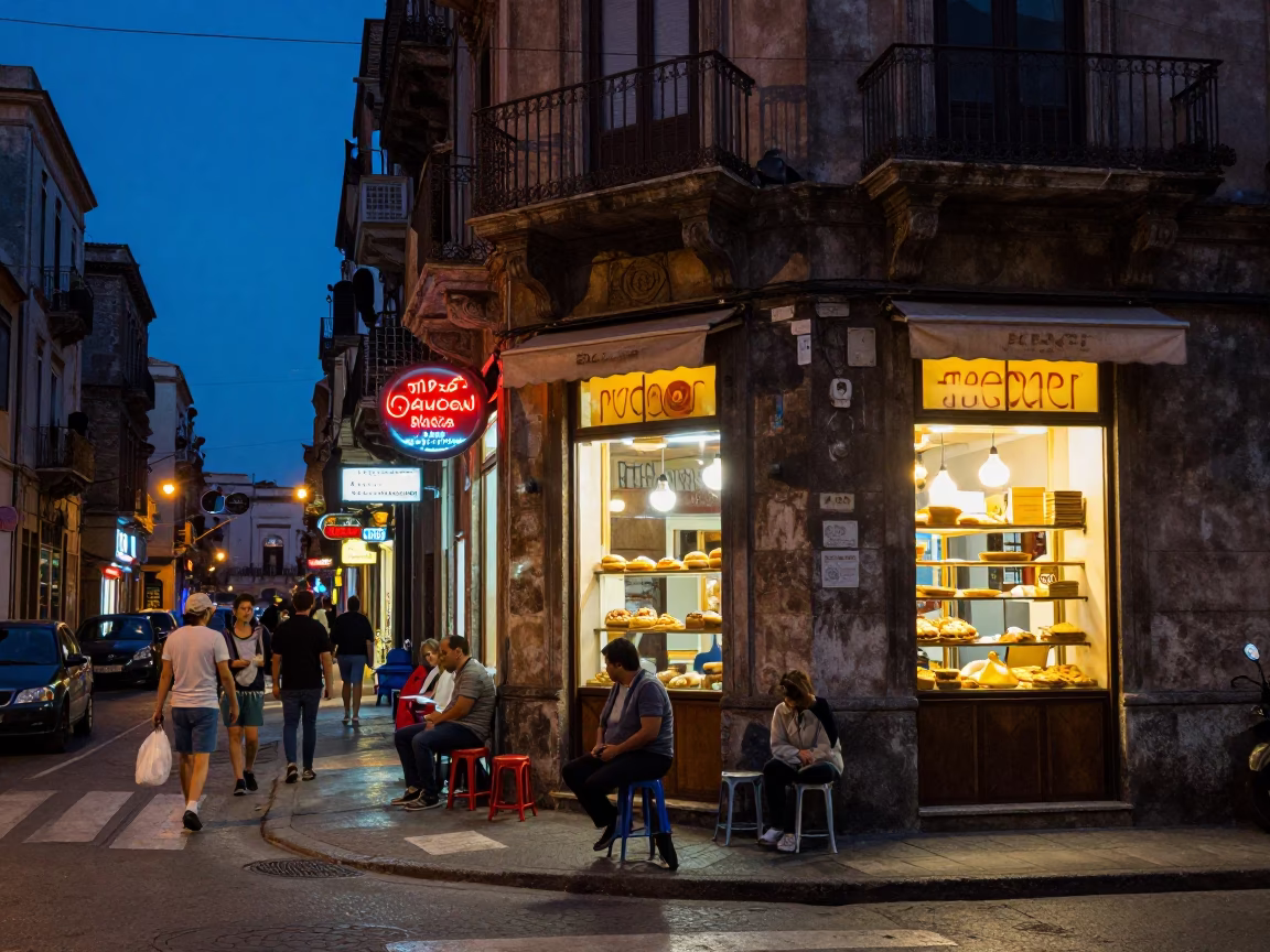 Busy Palermo Street Corner at Blue Hour with Stool and Local Activity in in Palermo, Italy