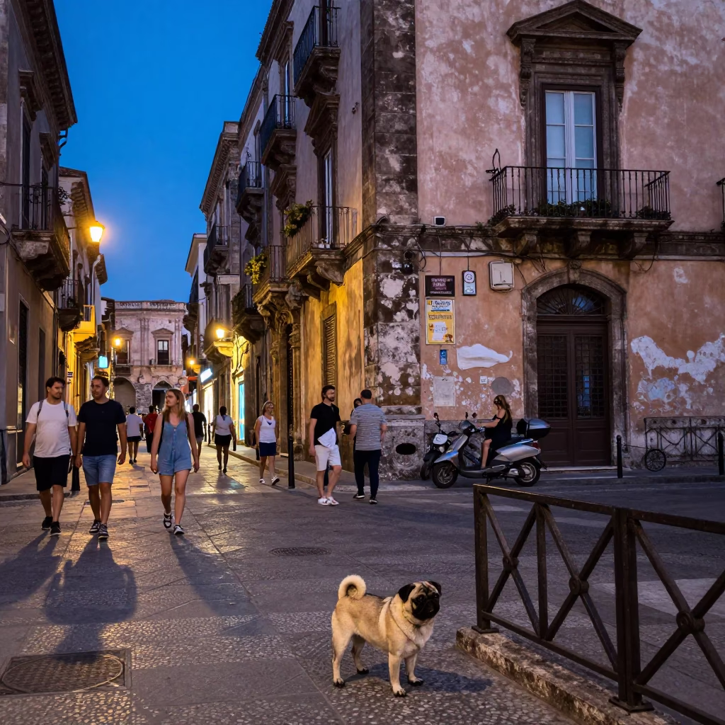 Busy Palermo Street Corner at Dusk with Pug and Traditional Architecture in in Palermo, Italy