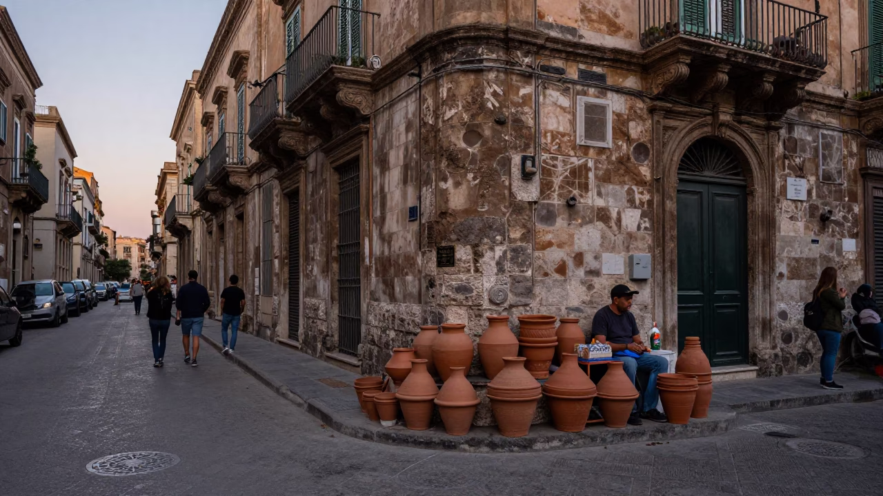 Busy Palermo Street Corner at Nautical Dawn with Clay Pots and Wooden Doorframe in in Palermo, Italy