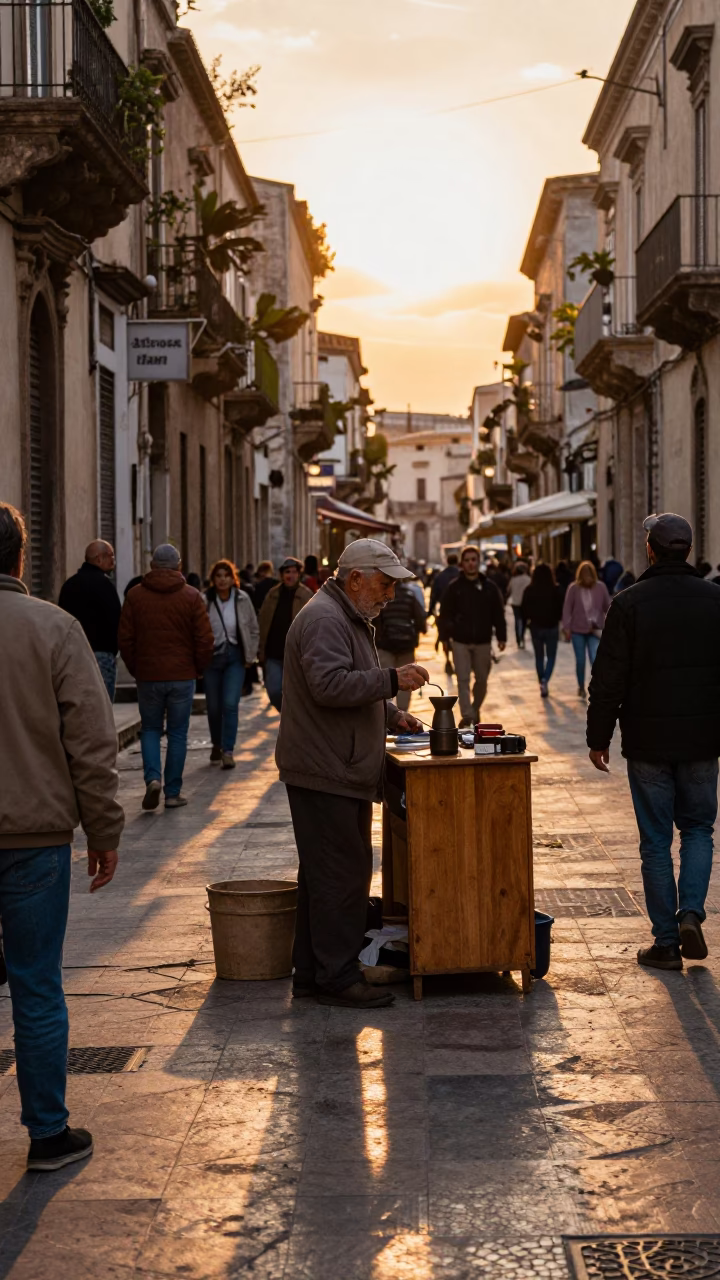 Busy Palermo Street Corner at Sunset with Coffee Grinder and Local Interaction in in Palermo, Italy