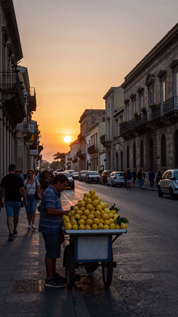 Busy Palermo Street Corner at Sunset with Lemon Vendor and Metal Stools in in Palermo, Italy
