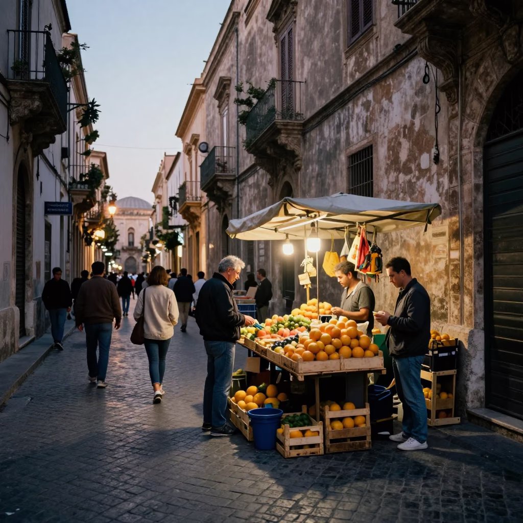 Busy Palermo Street Corner Early Evening with Local Vendor and Traditional Details in in Palermo, Italy