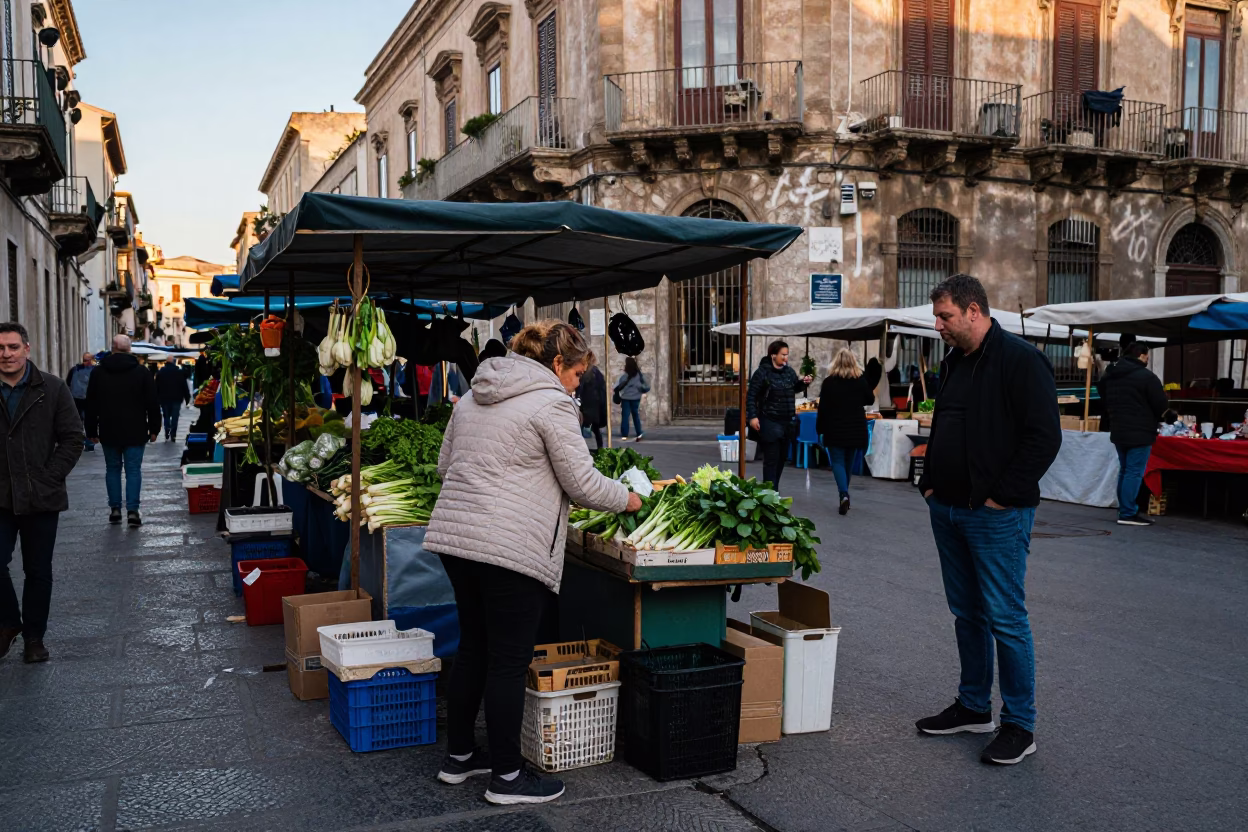Busy Palermo Street Corner Early Morning Market Stalls and Local Life in in Palermo, Italy