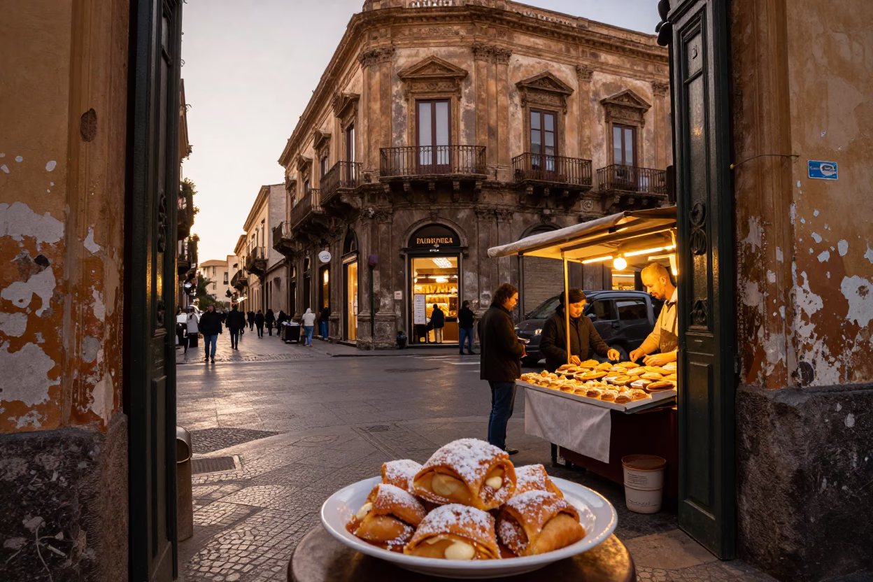 Busy Palermo Street Corner Evening with Sfogliatelle Plate and Old Doorframe in in Palermo, Italy