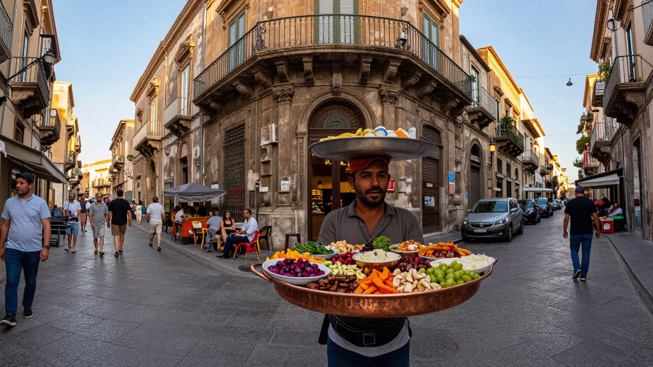 Busy Palermo Street Corner in Late Afternoon Light with Copper Tray and Mezze Spread in in Palermo, Italy
