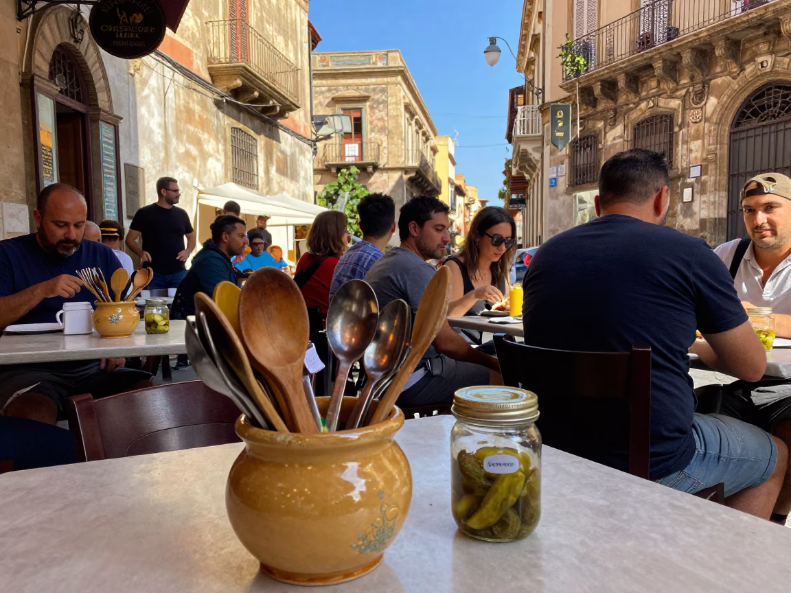 Busy Palermo Street Corner Lunch with Utensil Crocks and Rusty Hinge in in Palermo, Italy