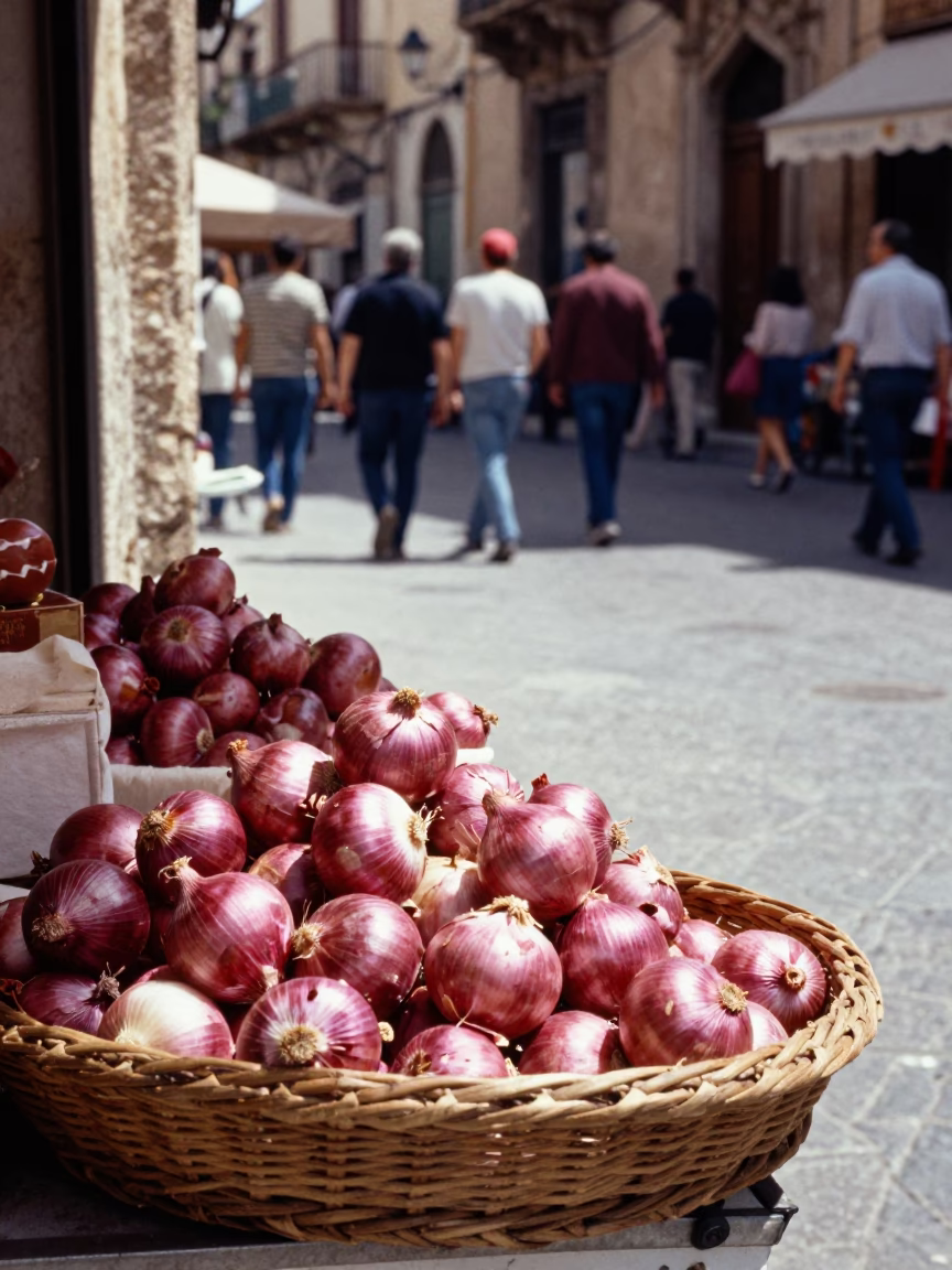 Busy Palermo Street Corner Midday with Woven Cane Texture and Onions in in Palermo, Italy