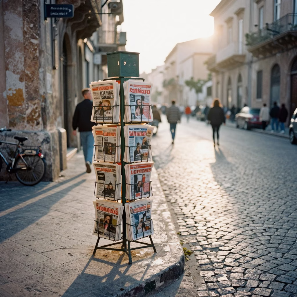 Busy Palermo Street Corner Morning with Magazine Rack and Local Commerce in in Palermo, Italy