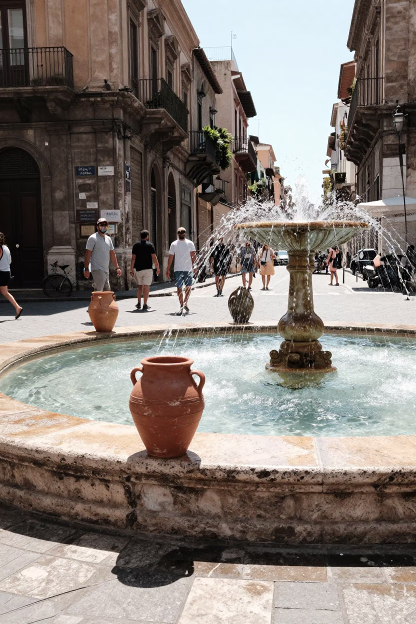 Busy Palermo Street Corner with Fountain Spray and Clay Pot in Bright Midmorning Light in in Palermo, Italy
