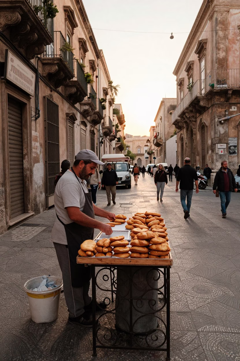 Busy Palermo Street Corner with Morning Pastries and Local Life in in Palermo, Italy