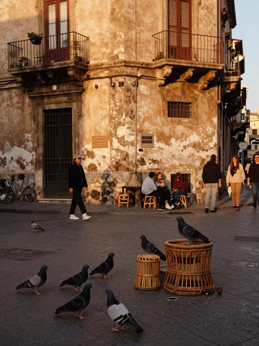 Busy Palermo Street Corner with Pigeons and Vintage Rattan Stool in Honeyed Evening Light in in Palermo, Italy