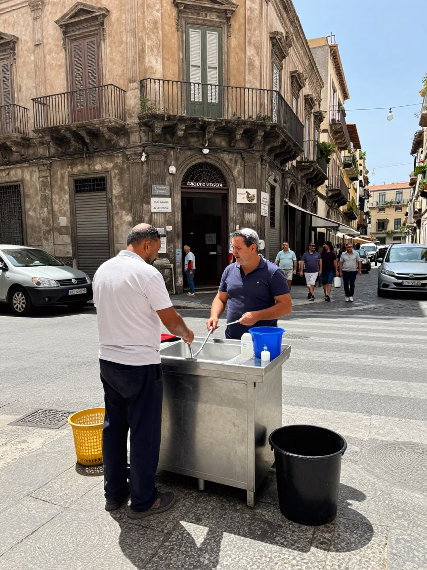 Busy Palermo Street Corner with Scratched Sink Rim and Local Life Under Noon Sun in in Palermo, Italy