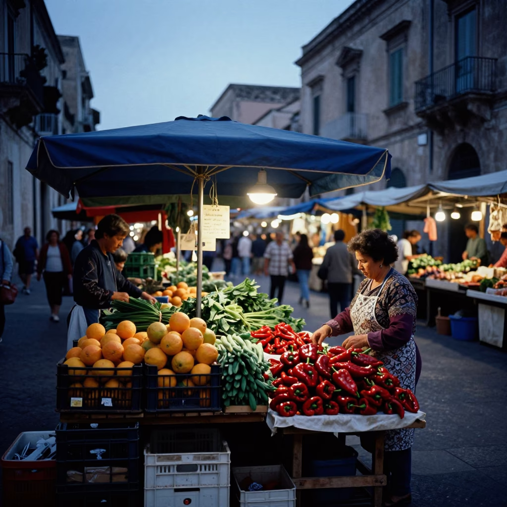 Busy Palermo Street Market at Nautical Dawn with Local Vendors and Colorful Produce in in Palermo, Italy