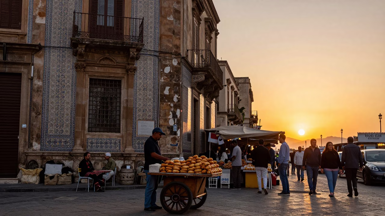 Busy Palermo Street Market at Sunset with Mandazi and Local Interaction in in Palermo, Italy