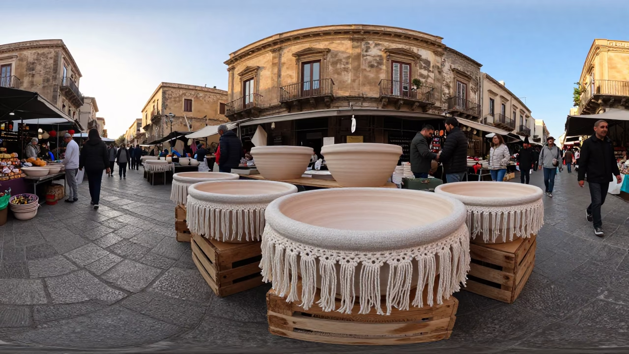 Busy Palermo Street Market Early Morning Linen Fringe Basin Local Commerce in in Palermo, Italy