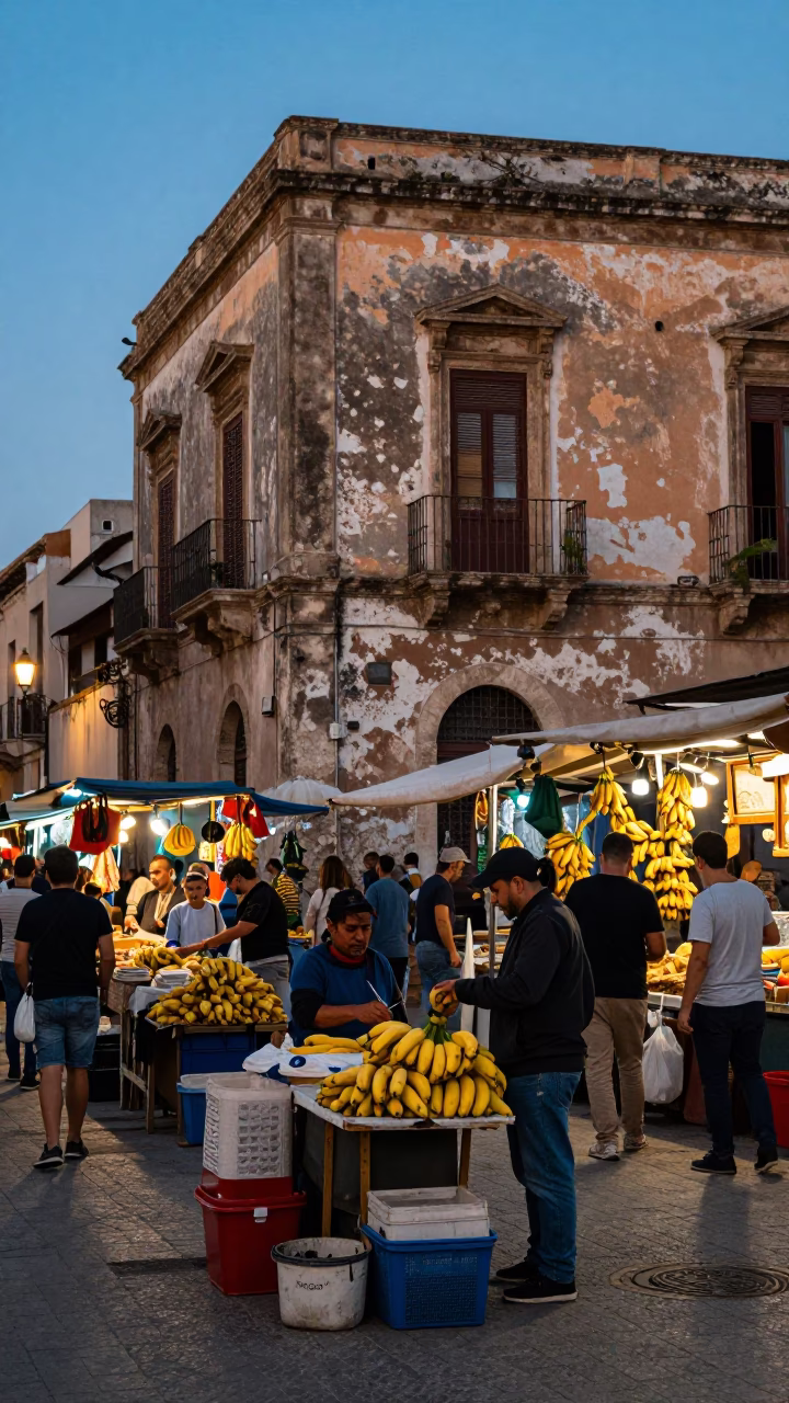 Busy Palermo Street Market Evening with Banana Seller and Traditional Architecture in in Palermo, Italy