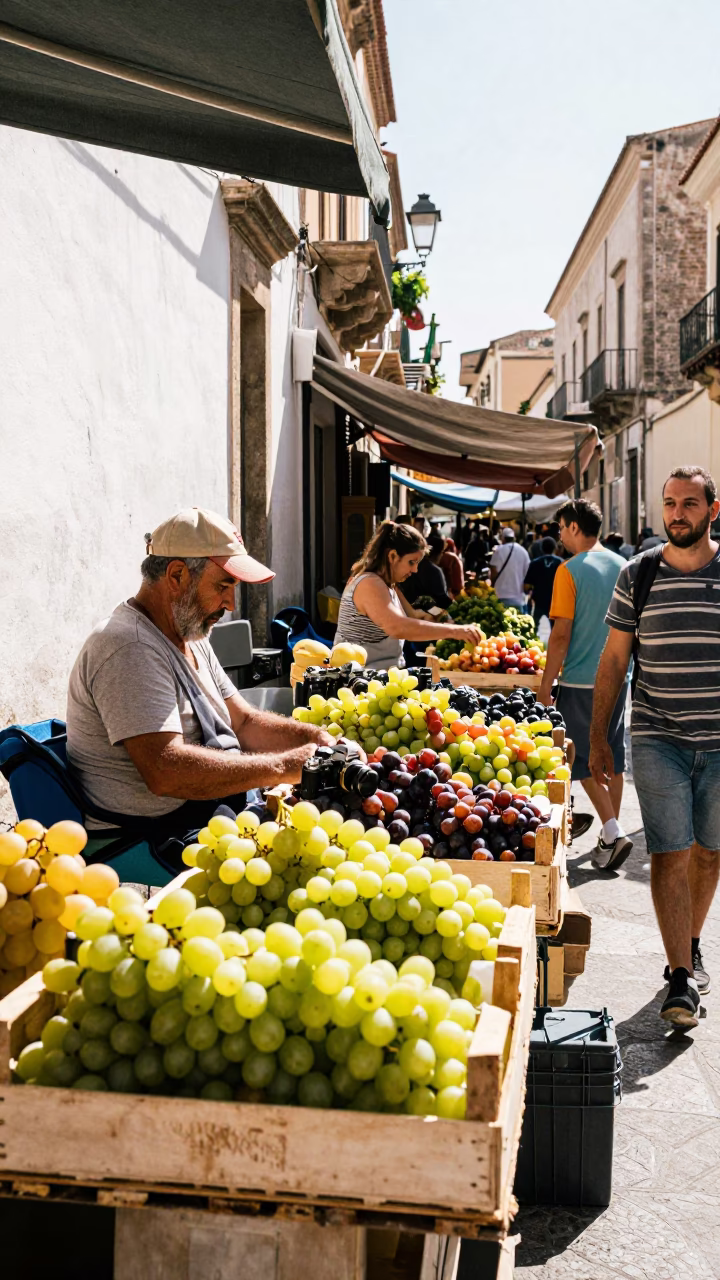 Busy Palermo Street Market Midday Scene with Grapes and Local Commerce in in Palermo, Italy