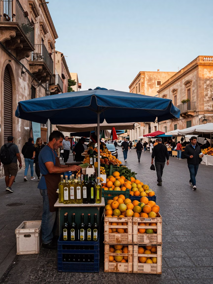 Busy Palermo Street Market Stall at Nautical Dawn with Glass Bottles and Fruit Crates in in Palermo, Italy