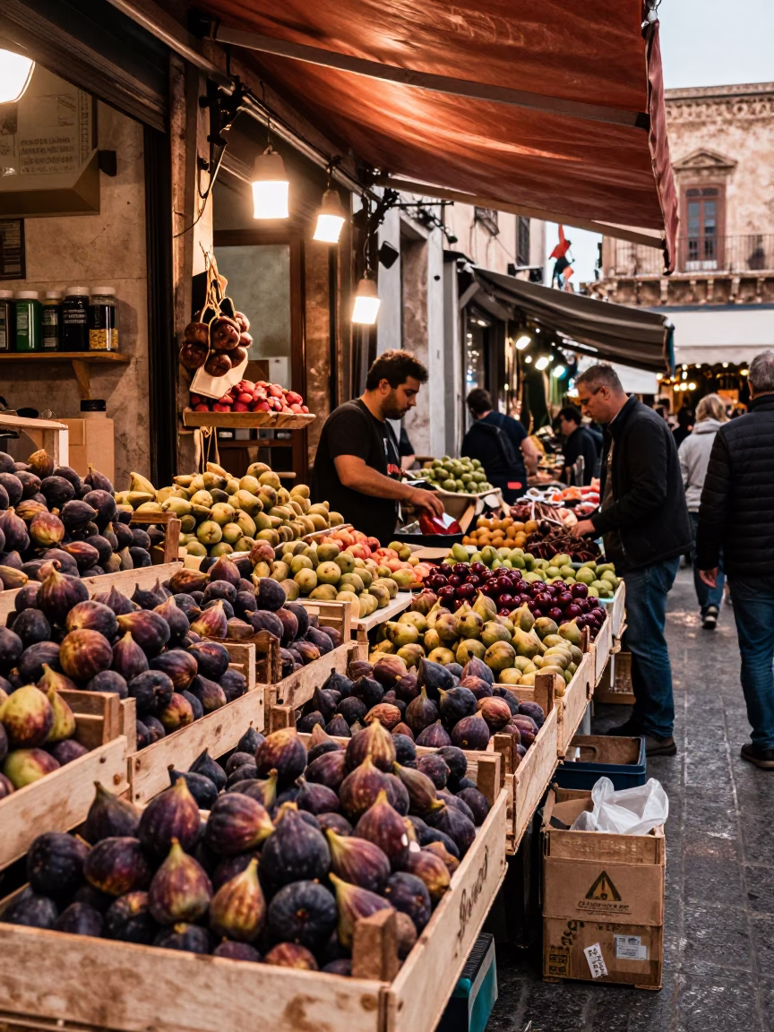 Busy Palermo Street Market Stall with Fresh Figs and Copper Dusk Light in in Palermo, Italy