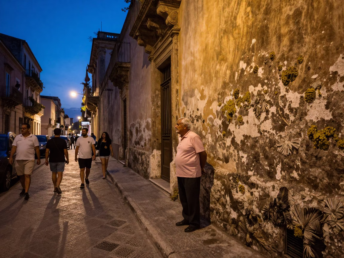 Busy Palermo Street Scene at Blue Hour with Lichen and Local Life in in Palermo, Italy