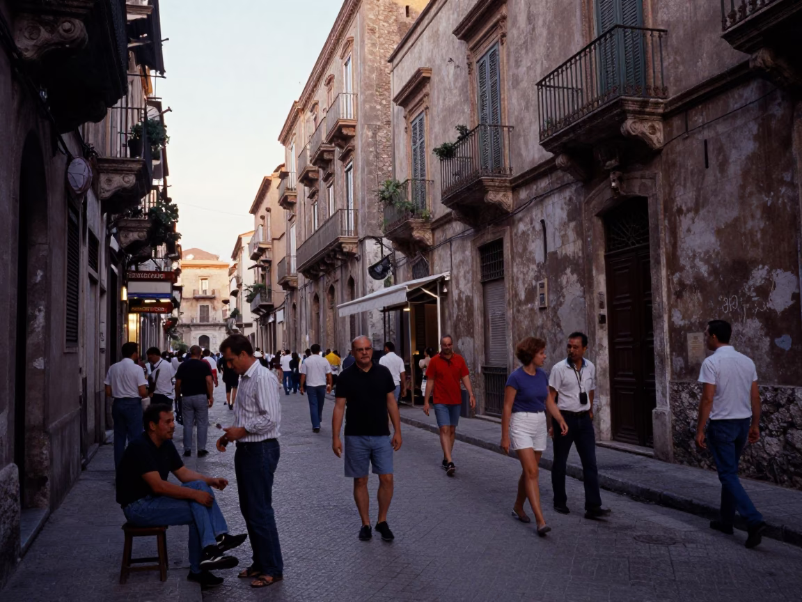 Busy Palermo Street Scene at Dawn with Vintage 1980s Color and Local Market Activity in in Palermo, Italy