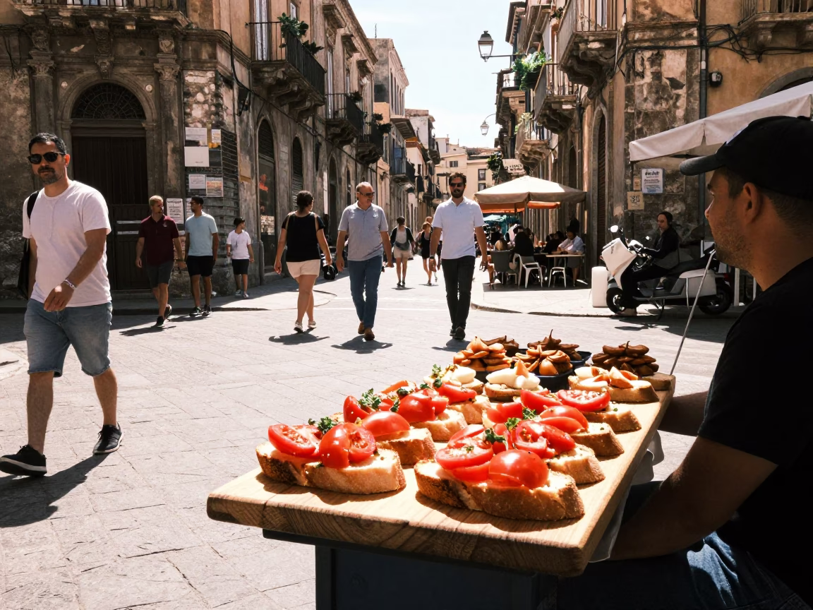 Busy Palermo Street Scene at Midday with Wooden Bruschetta Board and Suitcases in in Palermo, Italy