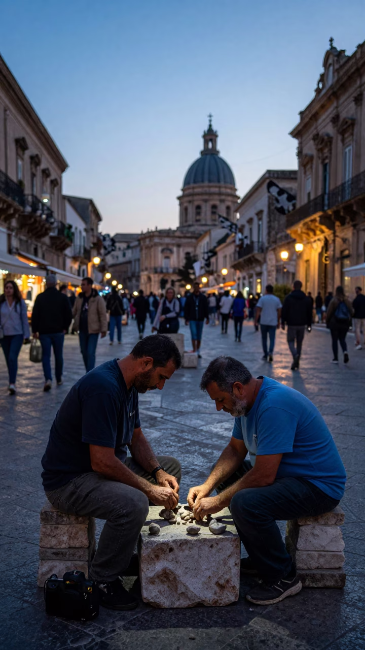 Busy Palermo Street Scene at Nautical Dawn with Fossil Excavation Tools and Fountain Spray in in Palermo, Italy