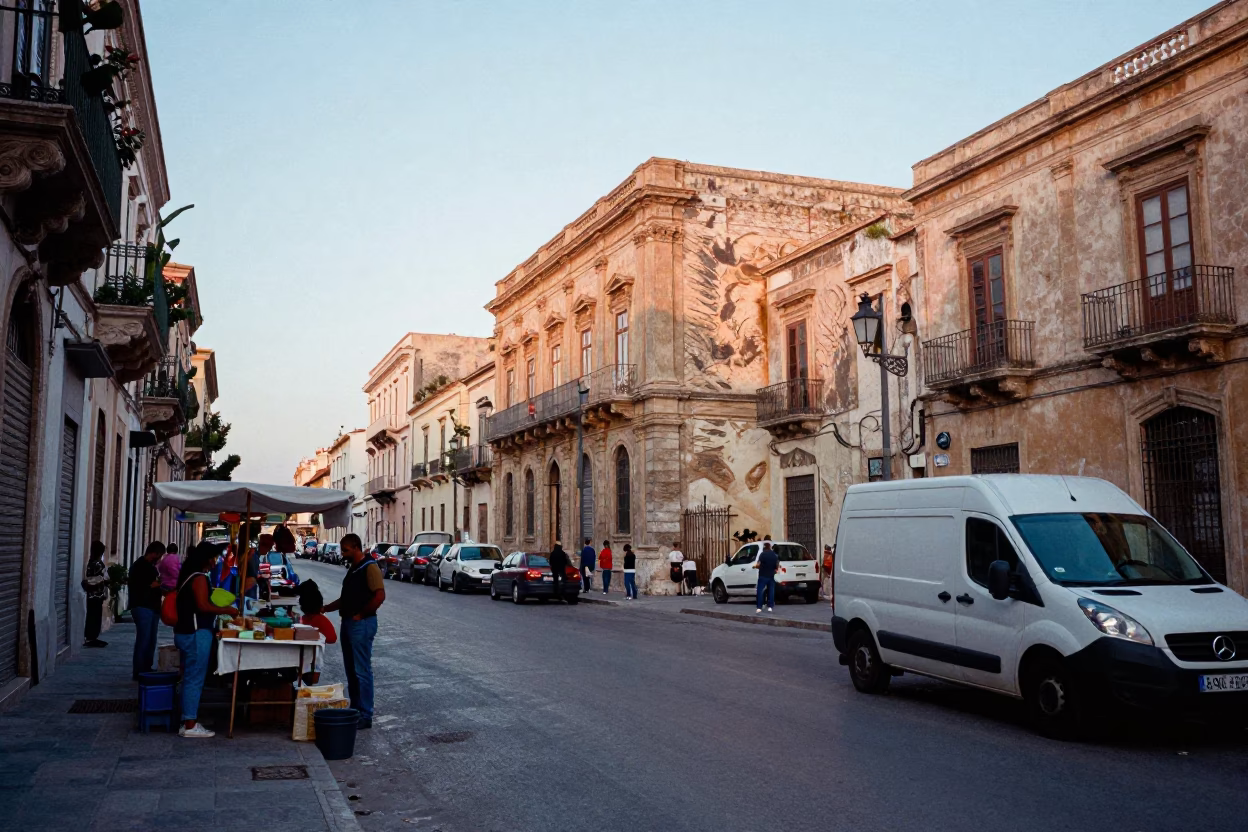 Busy Palermo Street Scene at Nautical Dawn with Local Market Activity in in Palermo, Italy