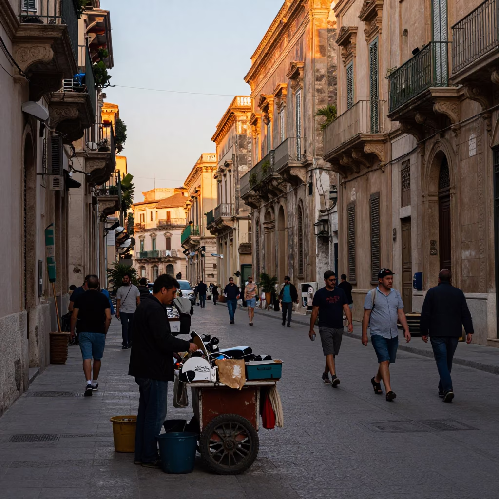 Busy Palermo Street Scene at Nautical Dawn with Vintage Pin Tin and Local Commerce in in Palermo, Italy