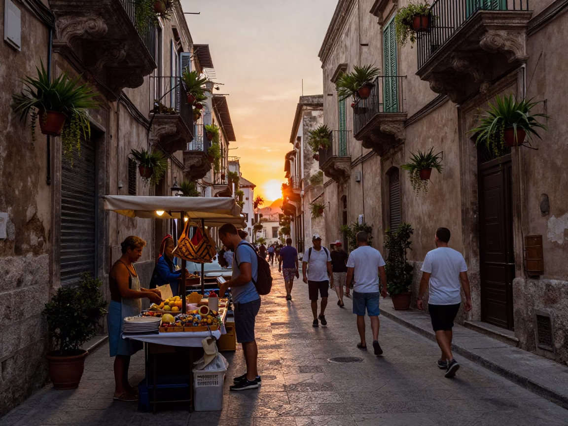 Busy Palermo Street Scene at Sunset with Hanging Plants and Clay Pots in in Palermo, Italy