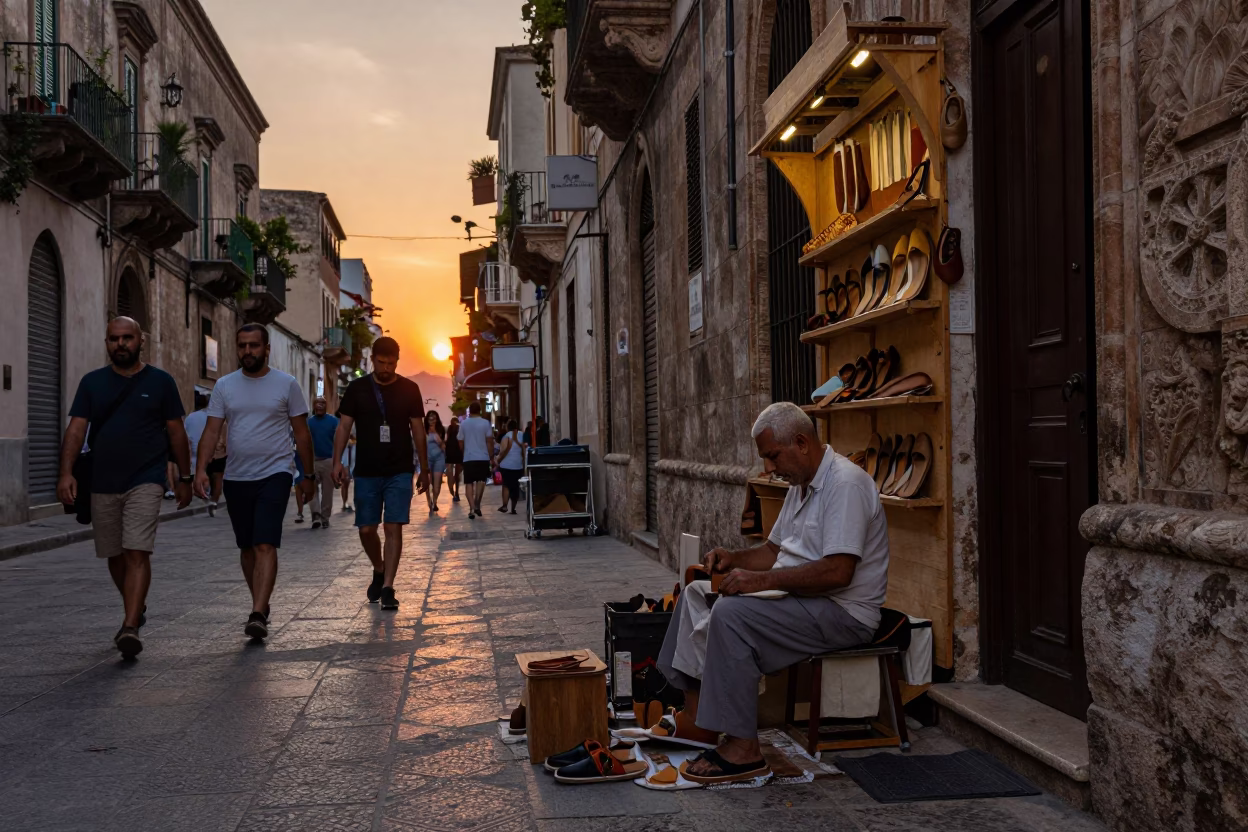 Busy Palermo Street Scene at Sunset with Sandal Maker and Traditional Architecture in in Palermo, Italy