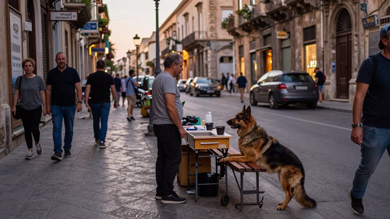 Busy Palermo Street Scene Early Evening with Workbench and Bohemian Shepherd in in Palermo, Italy
