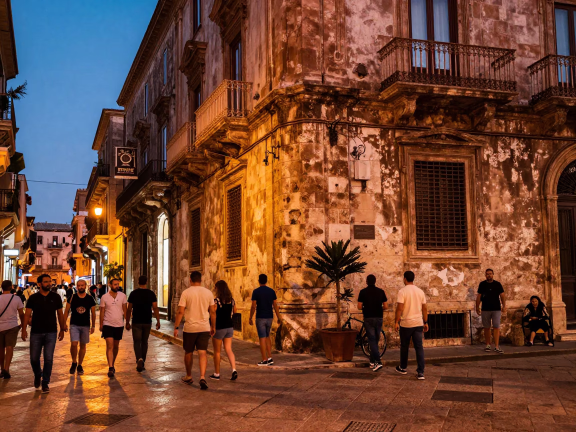 Busy Palermo Street Scene in Copper Dusk Light with Stone Details and Local Life in in Palermo, Italy