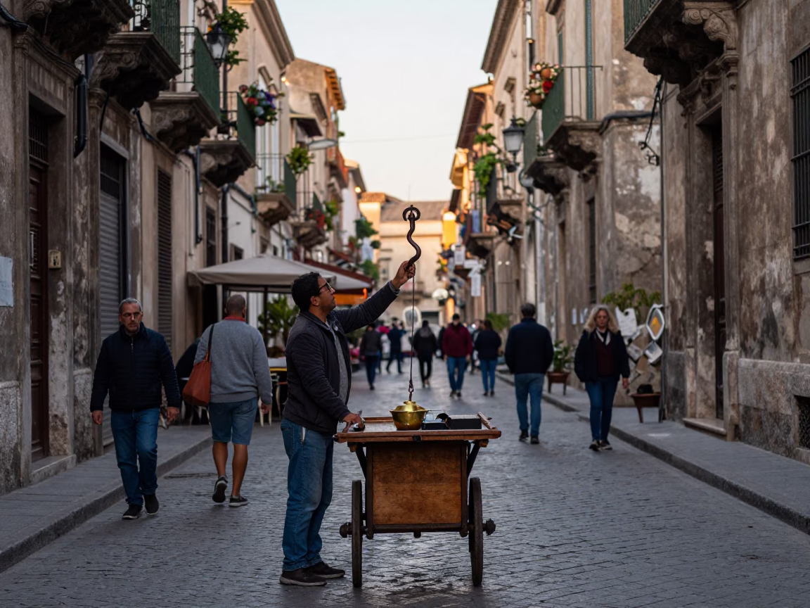 Busy Palermo Street Scene Just After Sunrise with Iron Hook and Brass Details in in Palermo, Italy