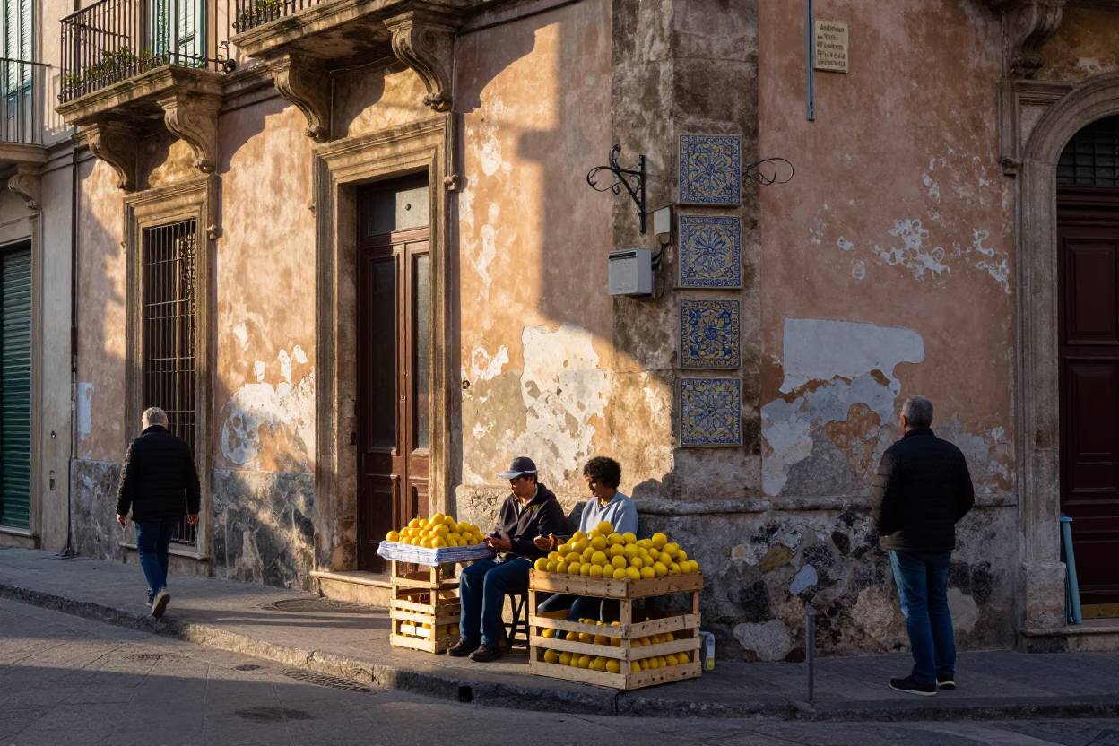 Busy Palermo Street Scene Just After Sunrise with Vintage Italian Majolica and Cooking Pot in in Palermo, Italy