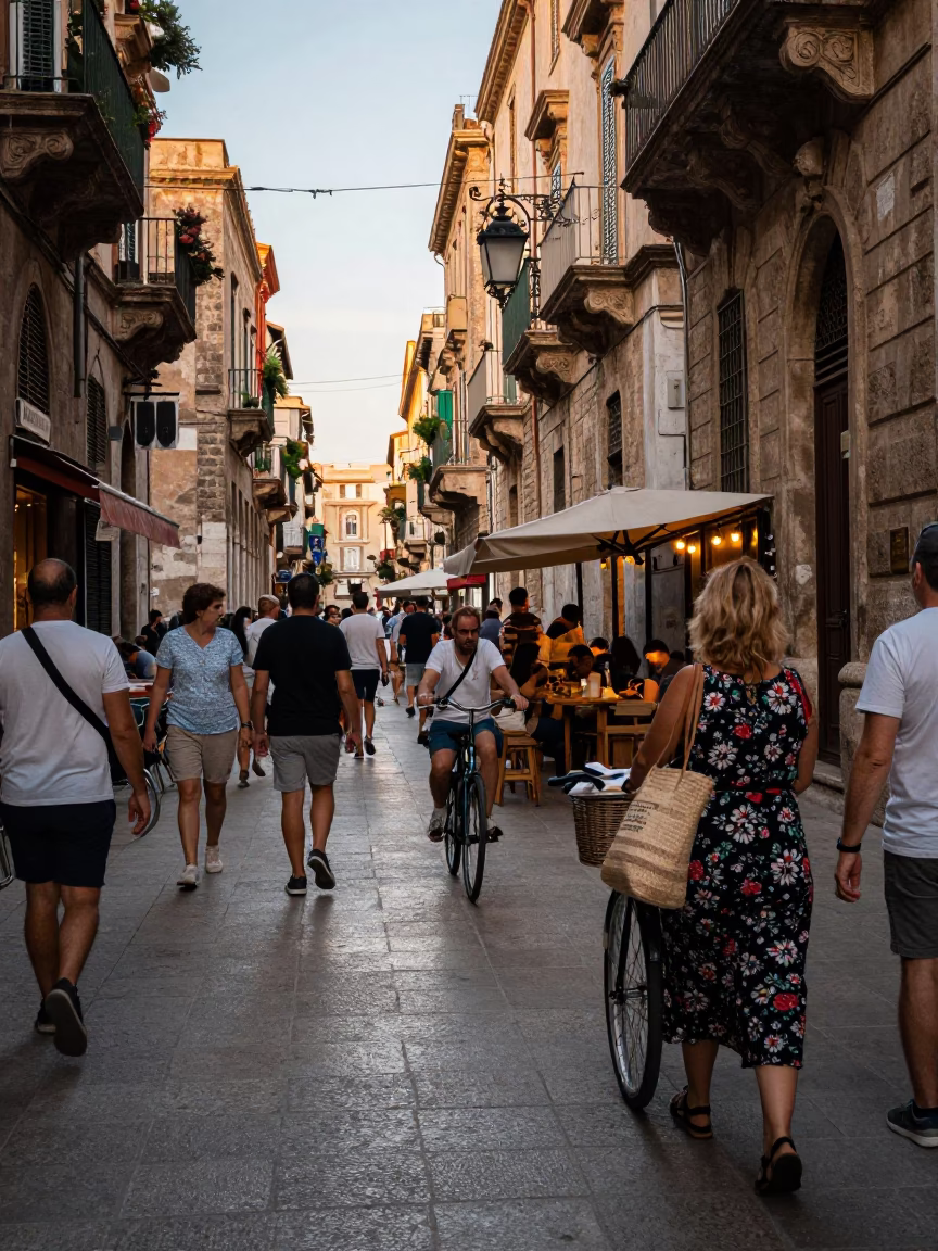 Busy Palermo Street Scene Late Afternoon Bicycle Leaning Against Cafe Wall in in Palermo, Italy