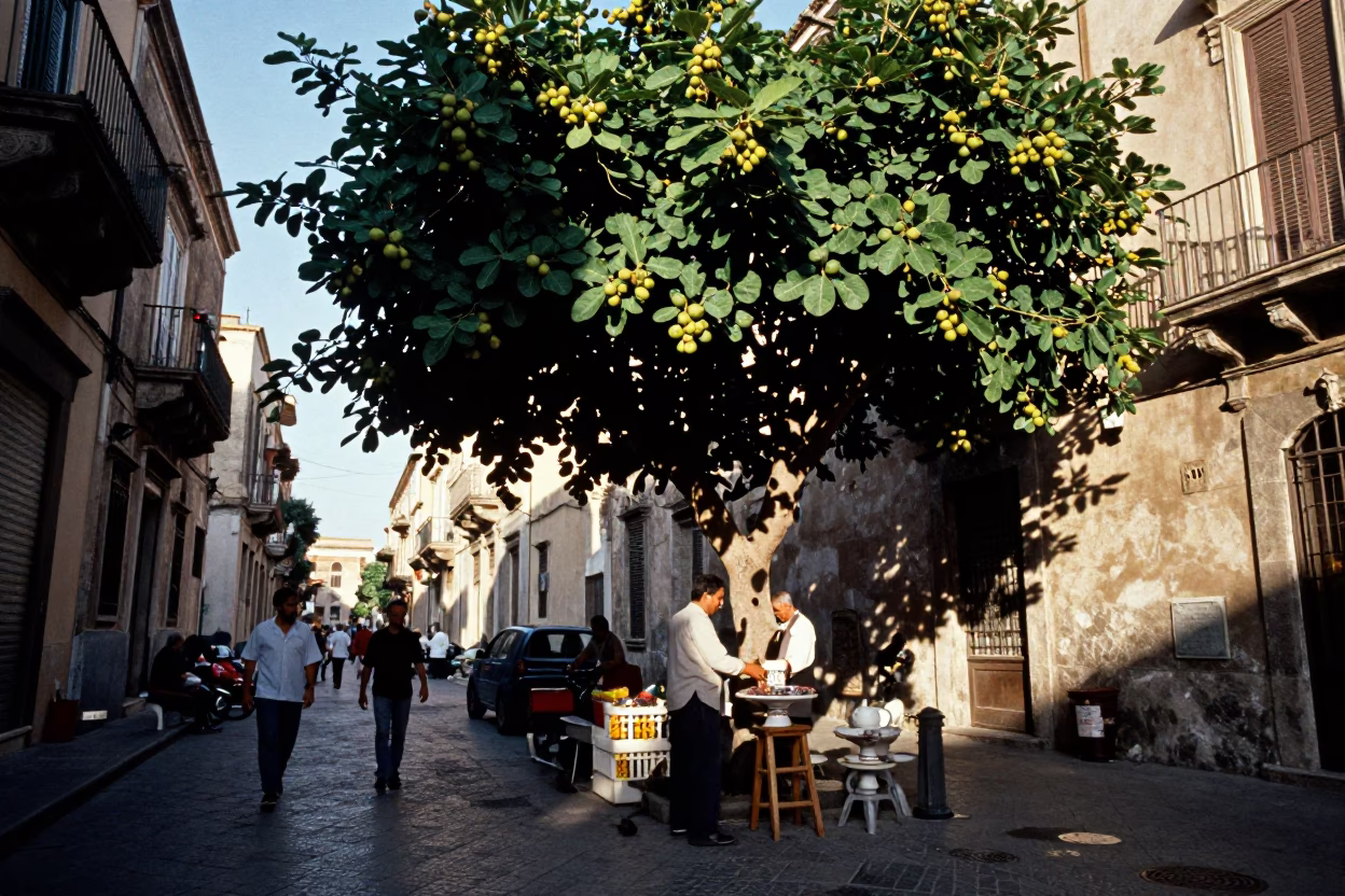 Busy Palermo Street Scene Late Afternoon Light Fig Tree and Local Daily Life in in Palermo, Italy