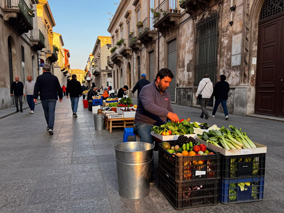 Busy Palermo Street Scene Late Afternoon with Brushed Steel Bucket and Local Market Activity in in Palermo, Italy