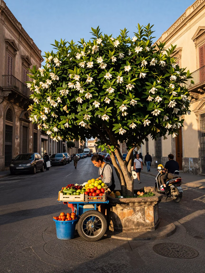 Busy Palermo Street Scene Late Afternoon with Gardenia Bush and Enamel Pitcher in in Palermo, Italy