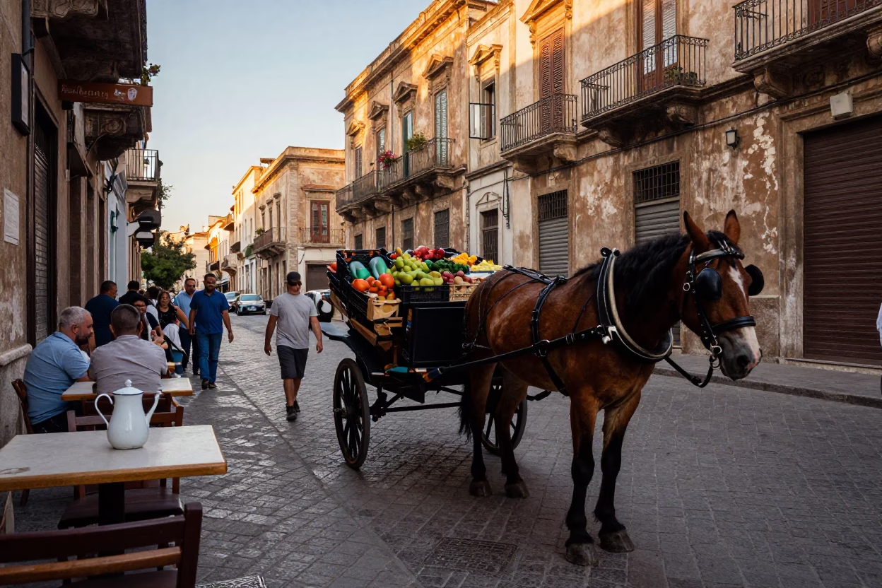 Busy Palermo Street Scene Late Afternoon with Horse Cart and Traditional Food in in Palermo, Italy