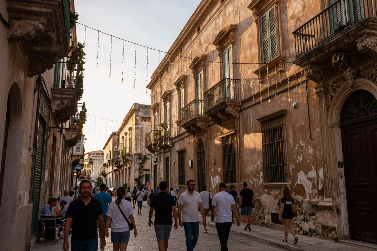 Busy Palermo Street Scene Late Afternoon with String Lights and Brass Details in in Palermo, Italy