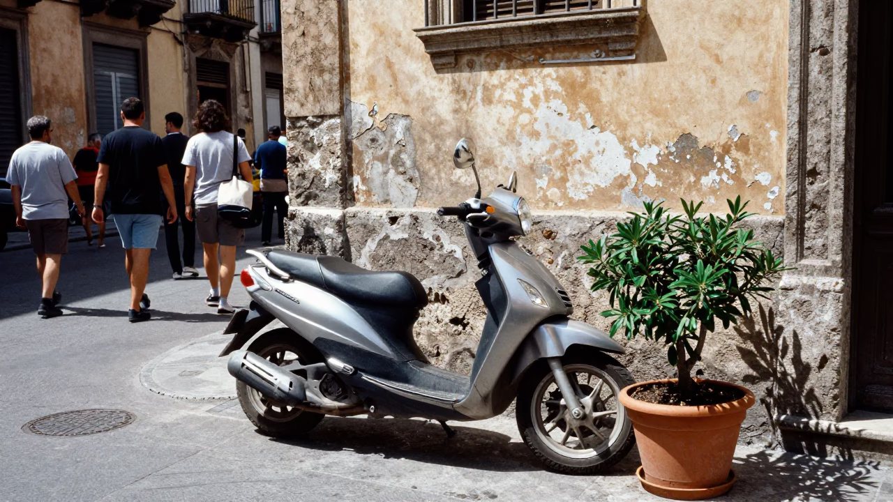 Busy Palermo Street Scene Midday with Motorcycle and Potted Herbs in in Palermo, Italy