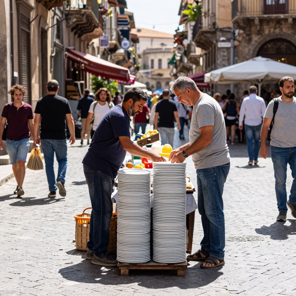 Busy Palermo Street Scene Midday with Stacked Plates and Local Life in in Palermo, Italy